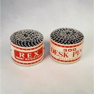 2 Vintage REX No 17 Desk Pins Full Tins Rust Resistant USA Office Supply NOS